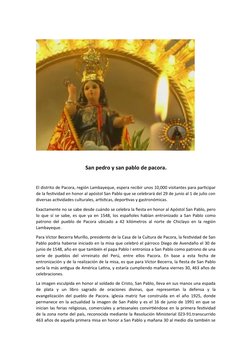 San pedro y san pablo de pacora.
El distrito de Pacora, región Lambayeque, espera recibir unos 10,000 visitantes para partici