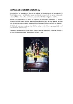 FESTIVIDAD RELIGIOSA DE JAYANCA
En esta fecha se celebra en el distrito de Jayanca, del departamento de Lambayeque, la
festiv