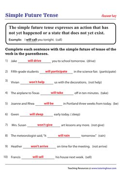 Simple Future Tense
Complete each sentence with the simple future of tense of the 
verb in the parentheses.
Teaching Resource