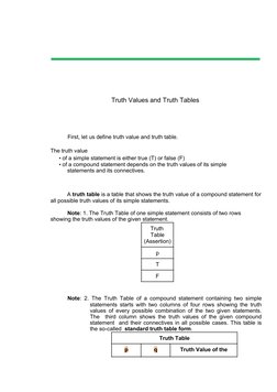 and  Peace Through the Language of  
Mathematics” 
Truth Values and Truth Tables  
First, let us define truth value and truth