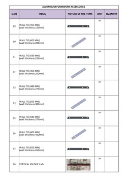 ALUMINIUM FORMWORK ACCESSORIES 
S.NO
ITEMS
PICTURE OF THE ITEMS
UNIT
QUANTITY
29
nr
30
nr
31
nr
32
nr
33
nr
34
nr
35
nr
36
nr