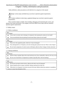 Specification of ADL200G high-performance vector convertor
Safety information and precautions
- 5 -
Chapter 1 Safety informat