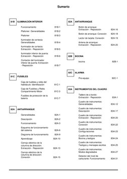 Sumario
81B
ILUMINACIÓN INTERIOR
Funcionamiento
81B-1
Plafonier: Generalidades
81B-2
Plafonier
81B-3
Iluminador de cortesía: