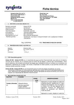 Producto: Actara 25 GS 
Versión: 2010 
Fecha: Octubre, 2010 
                             Pagina 1 de 4