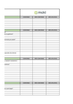 R
CONFORME
NÃO CONFORME
NÃO APLICÁVEL
CONFORME
NÃO CONFORME
NÃO APLICÁVEL
e laváveis?
ntos, bolor ou goteiras?
e lixeira acio