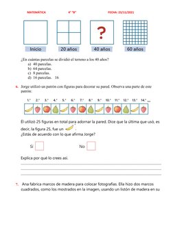 MATEMÁTICA 
4° “B”
FECHA: 23/11/2021
¿En cuántas parcelas se dividió el terreno a los 40 años?
a) 40 p