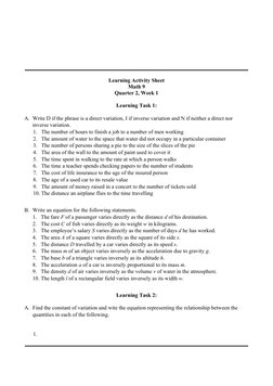 Learning Activity Sheet
Math 9
Quarter 2, Week 1
Learning Task 1:
A. Write D if the phrase is a direct variation, I if invers