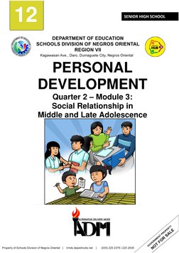 12 
SENIOR HIGH SCHOOL 
 
 
PERSONAL 
DEVELOPMENT 
Quarter 2 – Module 3: 
Social Relationship in  
Middle and Late Adoles