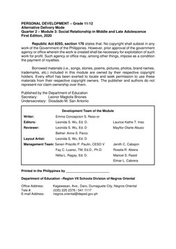 PERSONAL DEVELOPMENT – Grade 11/12 
Alternative Delivery Mode 
Quarter 2 – Module 3: Social Relationship in Middle and La