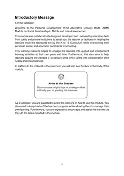 ii 
 
Introductory Message 
For the facilitator: 
Welcome to the Personal Development 11/12 Alternative Delivery Mode (ADM)