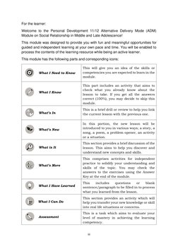 iii 
 
For the learner: 
Welcome to the Personal Development 11/12 Alternative Delivery Mode (ADM) 
Module on Social Relati