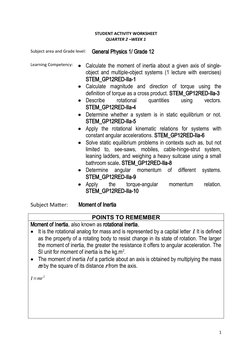 STUDENT ACTIVITY WORKSHEET
QUARTER 2 –WEEK 1
Subject area and Grade level:
General Physics 1/ Grade 12
Learning Competency:
