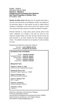 English – Grade 8 
Alternative Delivery Mode  
Quarter 2 – Module 6
Comparing and Contrasting Own Opinions 
with Those Presen