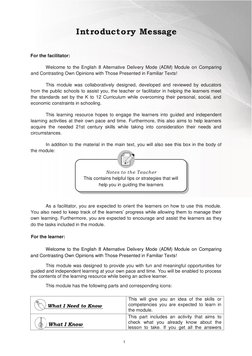 For the facilitator: 
Welcome to the English 8 Alternative Delivery Mode (ADM) Module on Comparing 
and Contrasting Own Opini