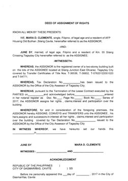 DEED OF ASSIGNMENT OF RIGHTS
KNOWALL MEN BY THESE PRESENTS:
WE, MARA D. CLEMENTE, single, Filipino, of legal age and a reside