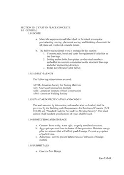 Page9of43

  
 
SECTION III- C CAST-IN PLACE CONCRETE  
1.0 GENERAL  
1.01 SCOPE  
 
a. Materials, equipments and labor