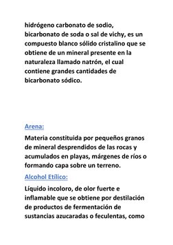 hidrógeno carbonato de sodio, 
bicarbonato de soda o sal de vichy, es un 
compuesto blanco sólido cristalino que se 
obtiene