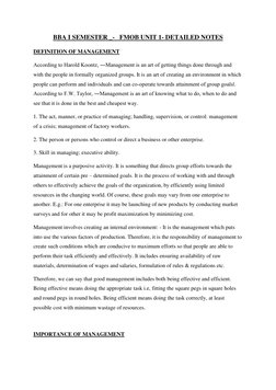 BBA I SEMESTER _-   FMOB UNIT 1- DETAILED NOTES 
DEFINITION OF MANAGEMENT 
According to Harold Koontz, ―Management is an art