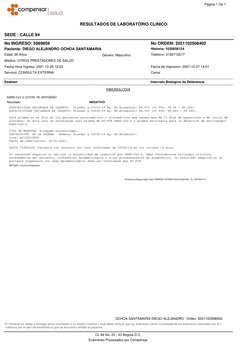 RESULTADOS DE LABORATORIO CLINICO
Página 1 De 1
SEDE : CALLE 94
CL 94 No. 23 - 43 Bogotá D.C.
Exámenes Procesados por Compens