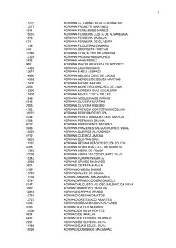 3
11701
ADRIANA DO CARMO RIOS DOS SANTOS
13077
ADRIANA FACHETTI MARTINEZ
4811
ADRIANA FERNANDES DAINEZI
15010
ADRIANA FERREIR