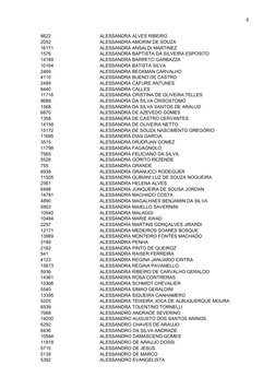 6
8622
ALESSANDRA ALVES RIBEIRO
2052
ALESSANDRA AMORIM DE SOUZA
16171
ALESSANDRA ANSALDI MARTINEZ
1576
ALESSANDRA BAPTISTA DA