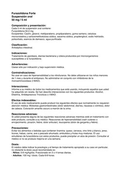 Furazolidona Forte  
Suspensión oral  
50 mg / 5 ml 
 
Composición y presentación: 
Cada 5 ml de suspensión oral contiene