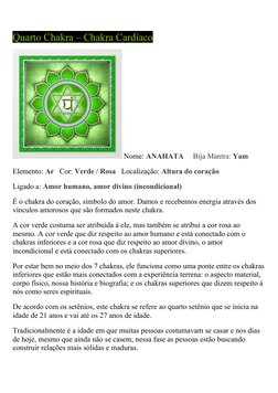 Quarto Chakra – Chakra Cardíaco
 Nome: ANAHATA     Bija Mantra: Yam
Elemento: Ar   Cor: Verde / Rosa   Localização: Altura do