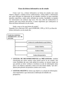 Fases da leitura informativa ou de estudo
Como você viu, a leitura informativa ou leitura de estudos tem como
objetivo adquir