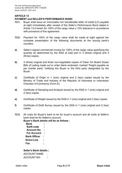 The Sale and Purchase Agreement
Contract No: DWIC/GTC SPA 110523S
Dated: AUGUST 14th 2011
ARTICLE 13
PAYMENT and SELLER’S PER