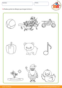 Nombre:
Fecha:
© www.materialdeaprendizaje.com
Lecto-escritura
9. Rodea y pinta los dibujos que tengan la letra n.
