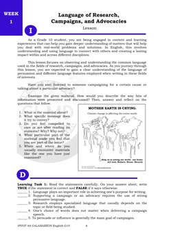 6 
 
PIVOT 4A CALABARZON English G10 
Language of Research,  
Campaigns, and Advocacies 
Lesson 
 
I 
 
As a Grade 10 student