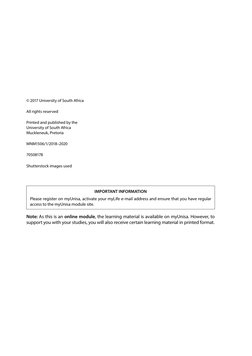 © 2017 University of South Africa
All rights reserved
Printed and published by the
University of South Africa
Muckleneuk, Pre