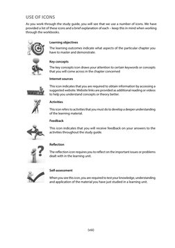 (viii)
USE OF ICONS
11As you work through the study guide, you will see that we use a number of icons. We have 
provided a li