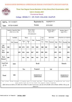 College : BRABU111 - DR. R.B.R. COLLEGE, HAJIPUR
Three Year Degree Course Bachelor of Arts (Hons.)Part-I Examination -2020
he
