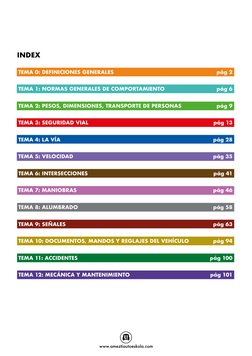 TEMA 0: DEFINICIONES GENERALES
TEMA 1: NORMAS GENERALES DE COMPORTAMIENTO
TEMA 2: PESOS, DIMENSIONES, TRANSPORTE DE PERSONAS