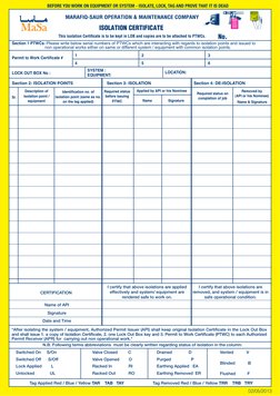 This isolation Certiﬁcate is to be kept in LOB and copies are to be attached to PTWCs.
Switched On     S/On
Switched Off