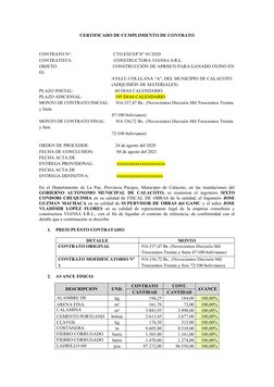 CERTIFICADO DE CUMPLIMIENTO DE CONTRATO
CONTRATO N°:                                    CTO.EXCEP.N° 01/2020
CONTRATISTA: