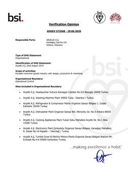 Verification Opinion
GHGEV 573568 - 29.06.2020
Responsible Party:
ARÇELİK A.Ş.
Karaağaç Cad.No:2/6