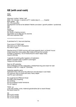 GE (with anal rash) 
[Age] 
NKDA  
Informant: mother / father / self 
NSD / VA / forceps / c-section at FT / weeks days in __