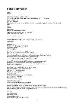 Febrile convulsion 
[Age] 
NKDA  
Informant: mother / father / self 
NSD / VA / forceps / c-section at FT / weeks days in ___