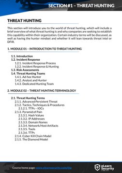 Course home page: www.elearnsecurity.com/thp  (http://www.elearnsecurity.com/thp)          
THREAT HUNTING 
 
This