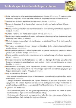 Tabla de ejercicios de tobillo para piscina
CENTRO DE FISIOTERAPIA BELLÓ
C/JUAN PABLO II Nº6 2ºA TOMELLOSO (CIUDAD REAL) 
TEL
