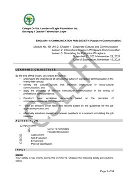 Colegio De Sta. Lourdes of Leyte Foundation Inc. 
Barangay 1 Quezon Tabontabon, Leyte 
 
 
ENGLISH 11: COMMUNICATION FOR