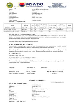 Date of Birth
: 12/19/1993
Age
: 27
Address
: ELEAZAR, CALANASAN, APAYAO
Sex
: FEMALE
Civil Status
: MARRIED
Educ’l Attainmen