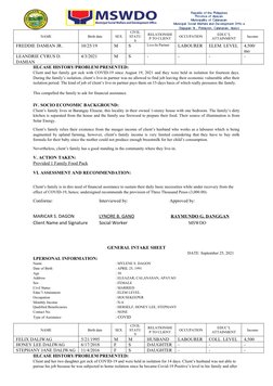 NAME
Birth date
SEX
CIVIL
STATU
S
RELATIONSHI
P TO CLIENT
OCCUPATION
EDUC’L
ATTAINMENT
Income
FREDDIE DAMIAN JR.
10/25/19
M
S