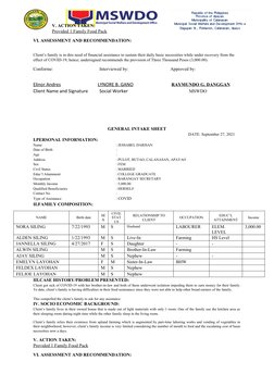 V. ACTION TAKEN:
Provided 1 Family Food Pack
VI. ASSESSMENT AND RECOMMENDATION:
Client’s family is in dire need of financial