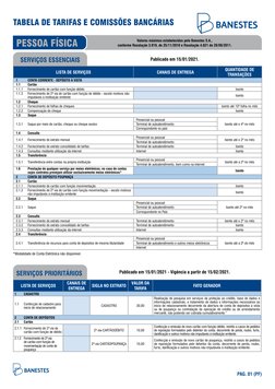 TABELA DE TARIFAS E COMISSÕES BANCÁRIAS
PESSOA FÍSICA
SERVIÇOS ESSENCIAIS
Valores máximos estabelecidos pelo Banestes S.A.,