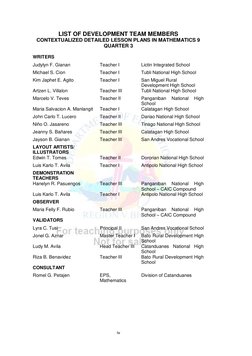 iv 
 
LIST OF DEVELOPMENT TEAM MEMBERS 
CONTEXTUALIZED DETAILED LESSON PLANS IN MATHEMATICS 9 
QUARTER 3 
 
WRITERS 
 
 
Ju