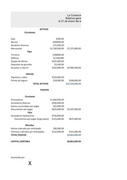 ACTIVOS 
Circulantes
Caja
$400.00
Bancos
1600000.00
Deudores diversos
$75,000.00
Mercancias 
$5,700,000.00
$7,375,400.00
Fijo