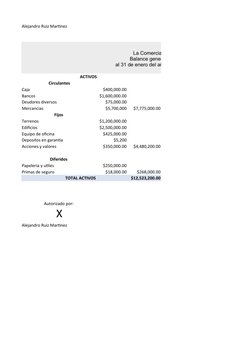 Alejandro Ruiz Martinez 
ACTIVOS
Circulantes
Caja 
$400,000.00
Bancos 
$1,600,000.00
Deudores diversos 
$75,000.00
Mercancias